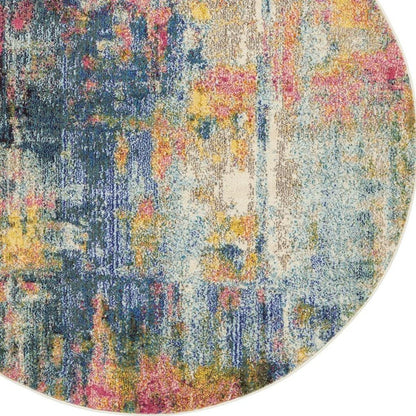 4' Blue And Yellow Abstract Round Rug