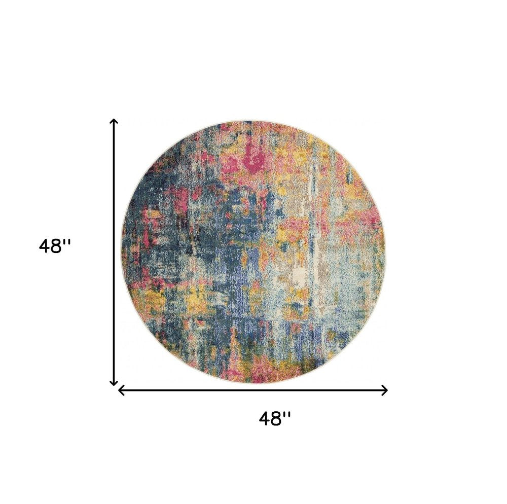 4' Blue And Yellow Abstract Round Rug