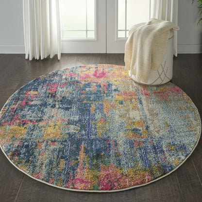 4' Blue And Yellow Abstract Round Rug