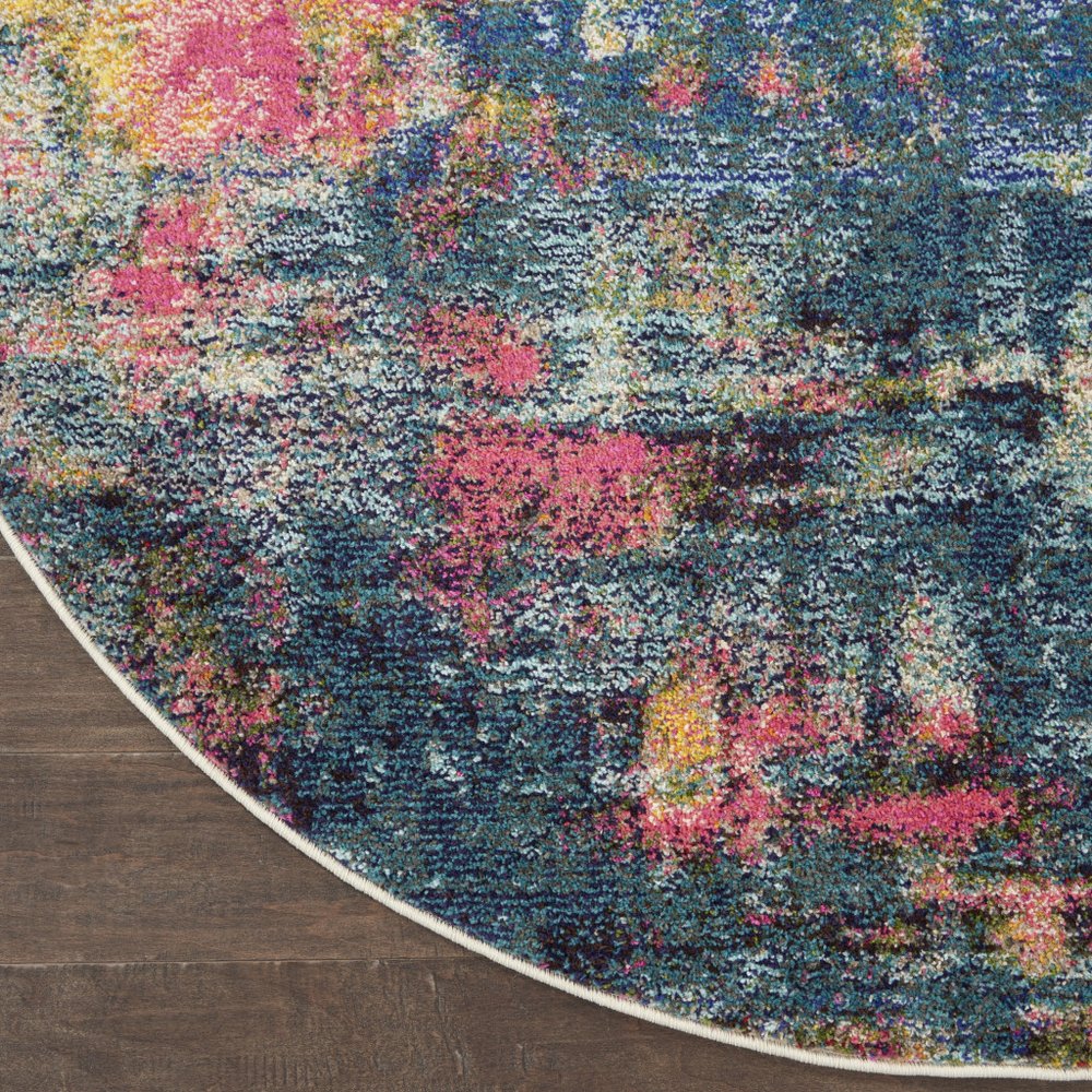5' X 5' Blue And Yellow Round Abstract Power Loom Non Skid Area Rug