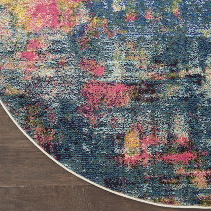 5' X 5' Blue And Yellow Round Abstract Power Loom Non Skid Area Rug