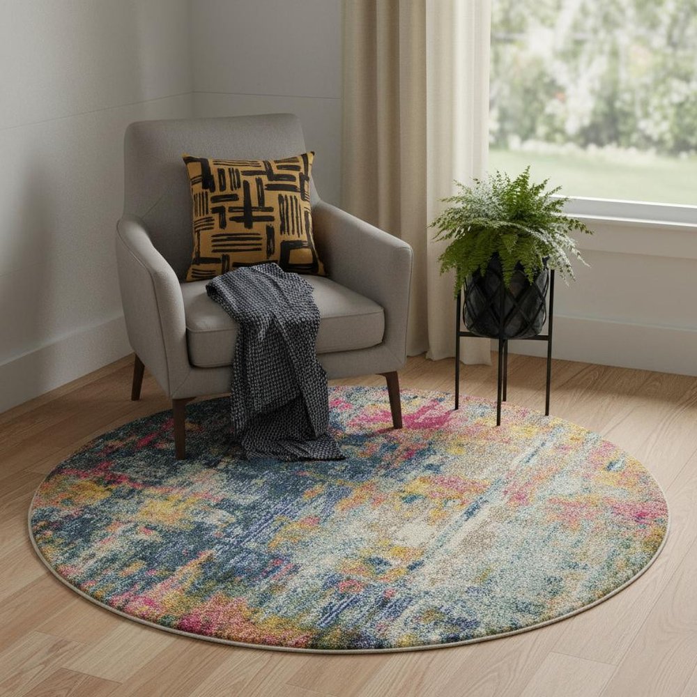 5' X 5' Blue And Yellow Round Abstract Power Loom Non Skid Area Rug