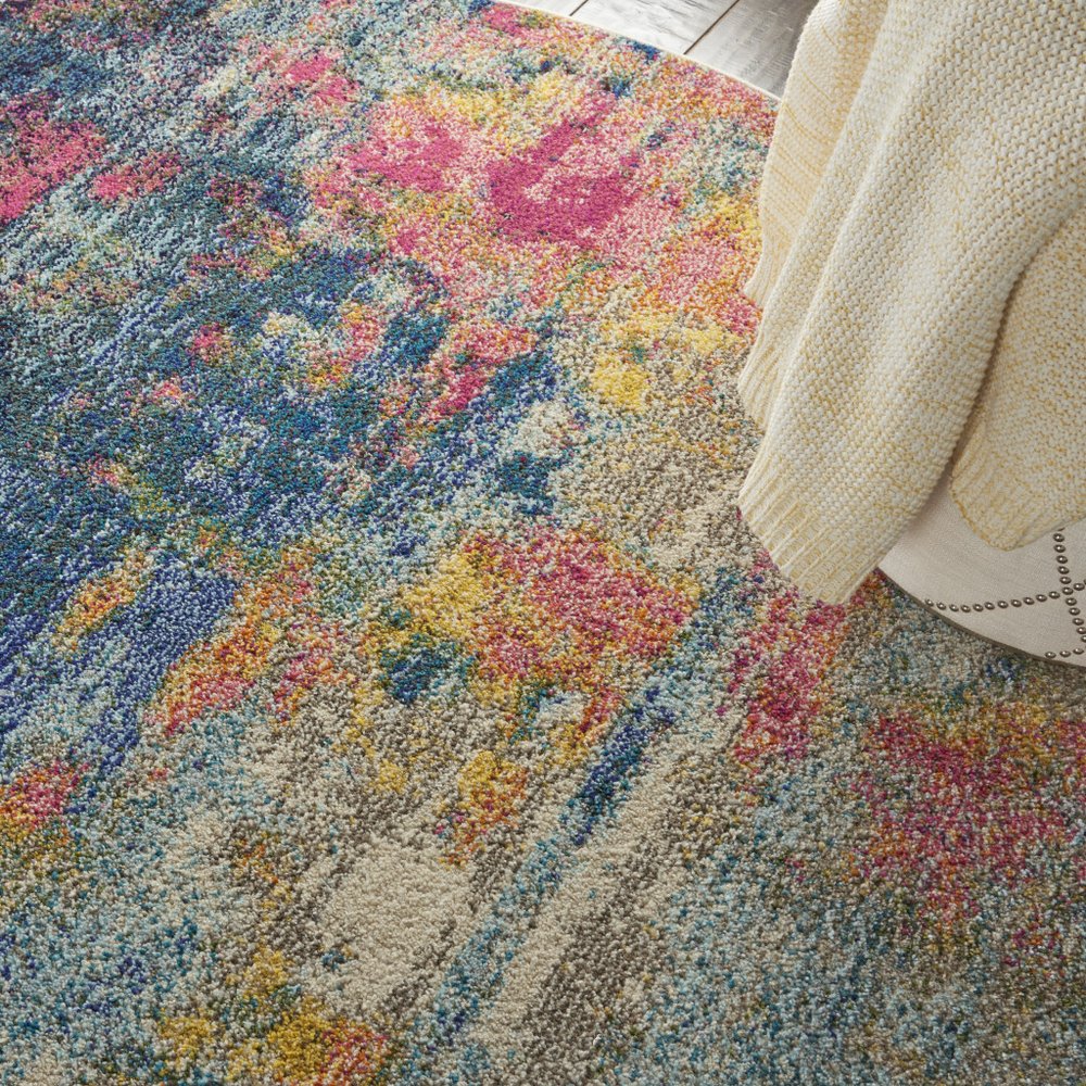 5' X 5' Blue And Yellow Round Abstract Power Loom Non Skid Area Rug