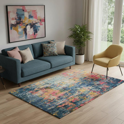 5' X 7' Blue And Yellow Abstract Power Loom Non Skid Area Rug