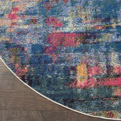 8' X 8' Blue And Yellow Round Abstract Power Loom Non Skid Area Rug