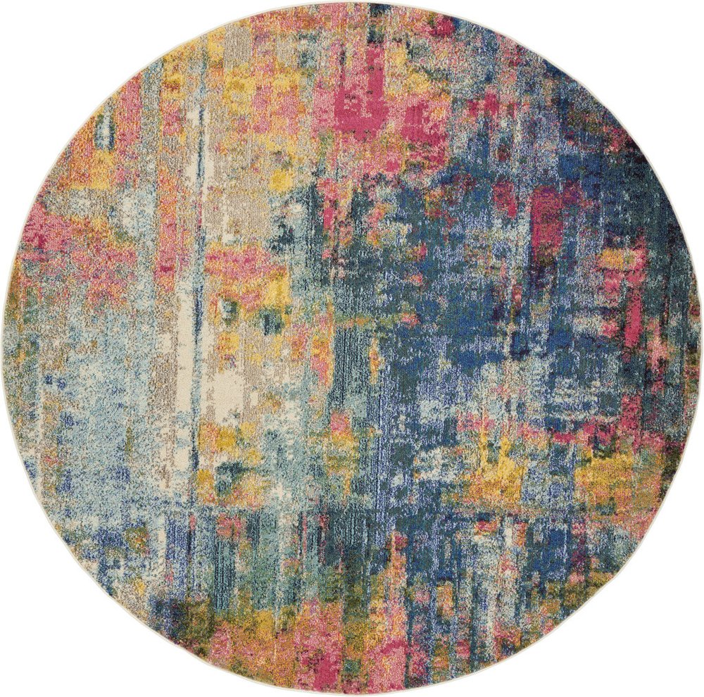 8' X 8' Blue And Yellow Round Abstract Power Loom Non Skid Area Rug