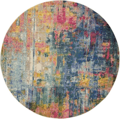 8' X 8' Blue And Yellow Round Abstract Power Loom Non Skid Area Rug