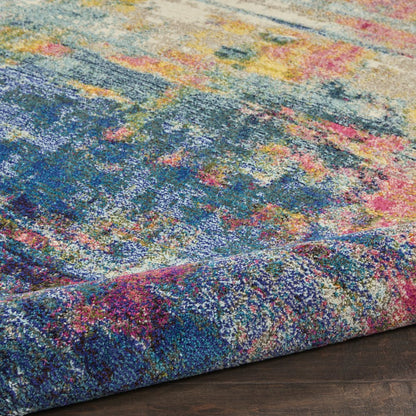 8' X 8' Blue And Yellow Round Abstract Power Loom Non Skid Area Rug