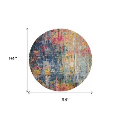8' X 8' Blue And Yellow Round Abstract Power Loom Non Skid Area Rug