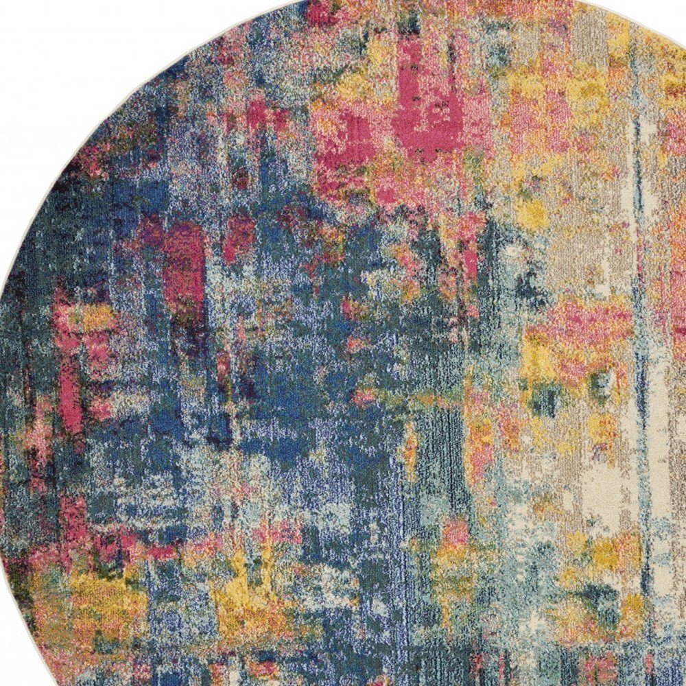 8' X 8' Blue And Yellow Round Abstract Power Loom Non Skid Area Rug