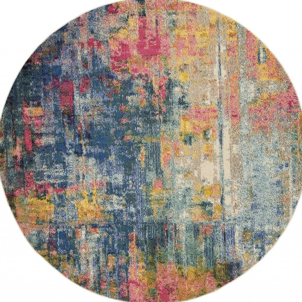 8' X 8' Blue And Yellow Round Abstract Power Loom Non Skid Area Rug