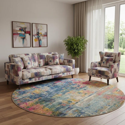 8' X 8' Blue And Yellow Round Abstract Power Loom Non Skid Area Rug