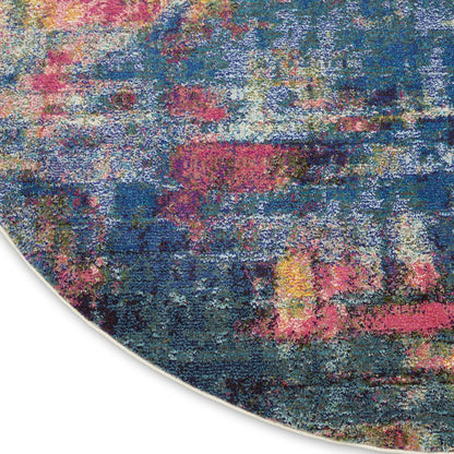 8' X 8' Blue And Yellow Round Abstract Power Loom Non Skid Area Rug