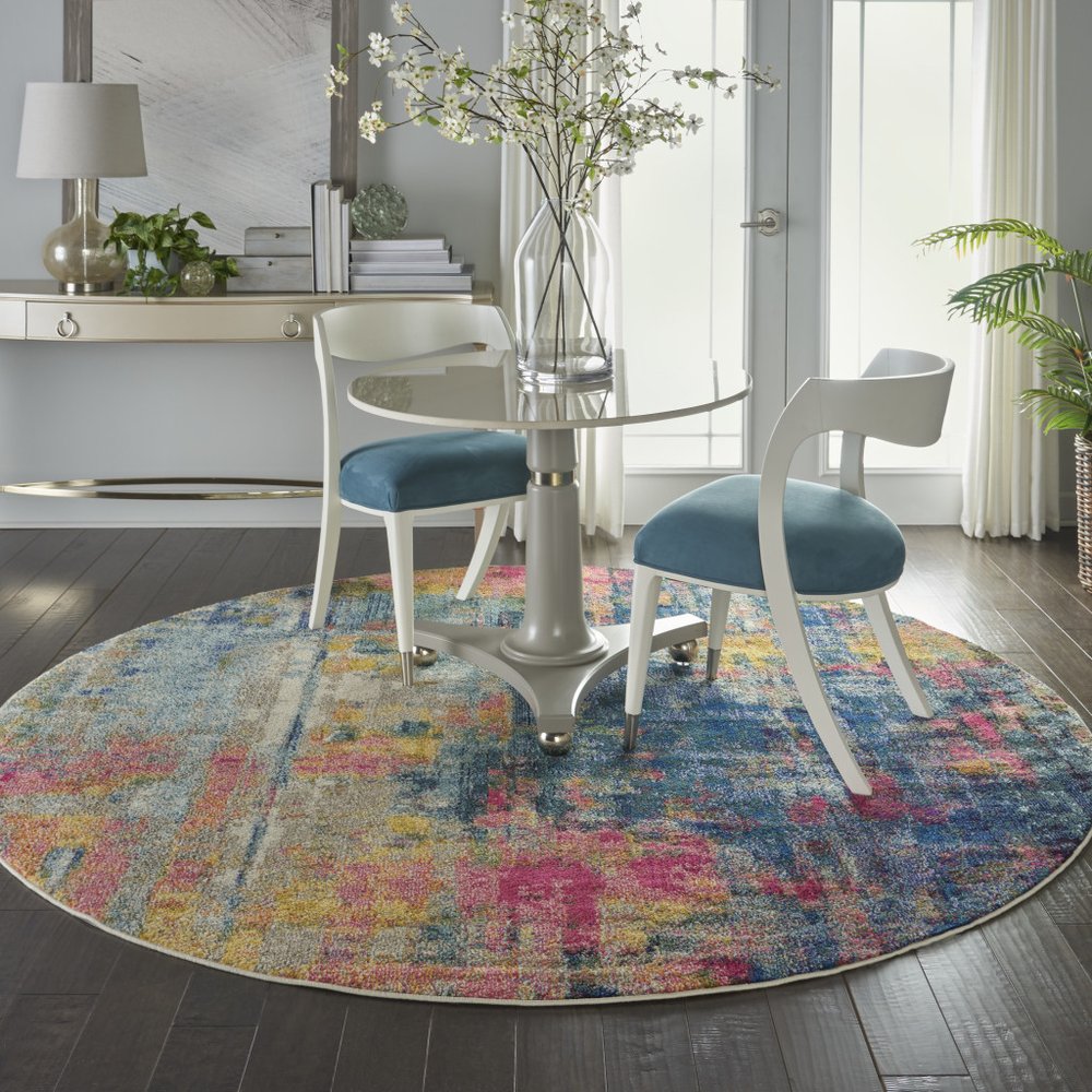 8' X 8' Blue And Yellow Round Abstract Power Loom Non Skid Area Rug