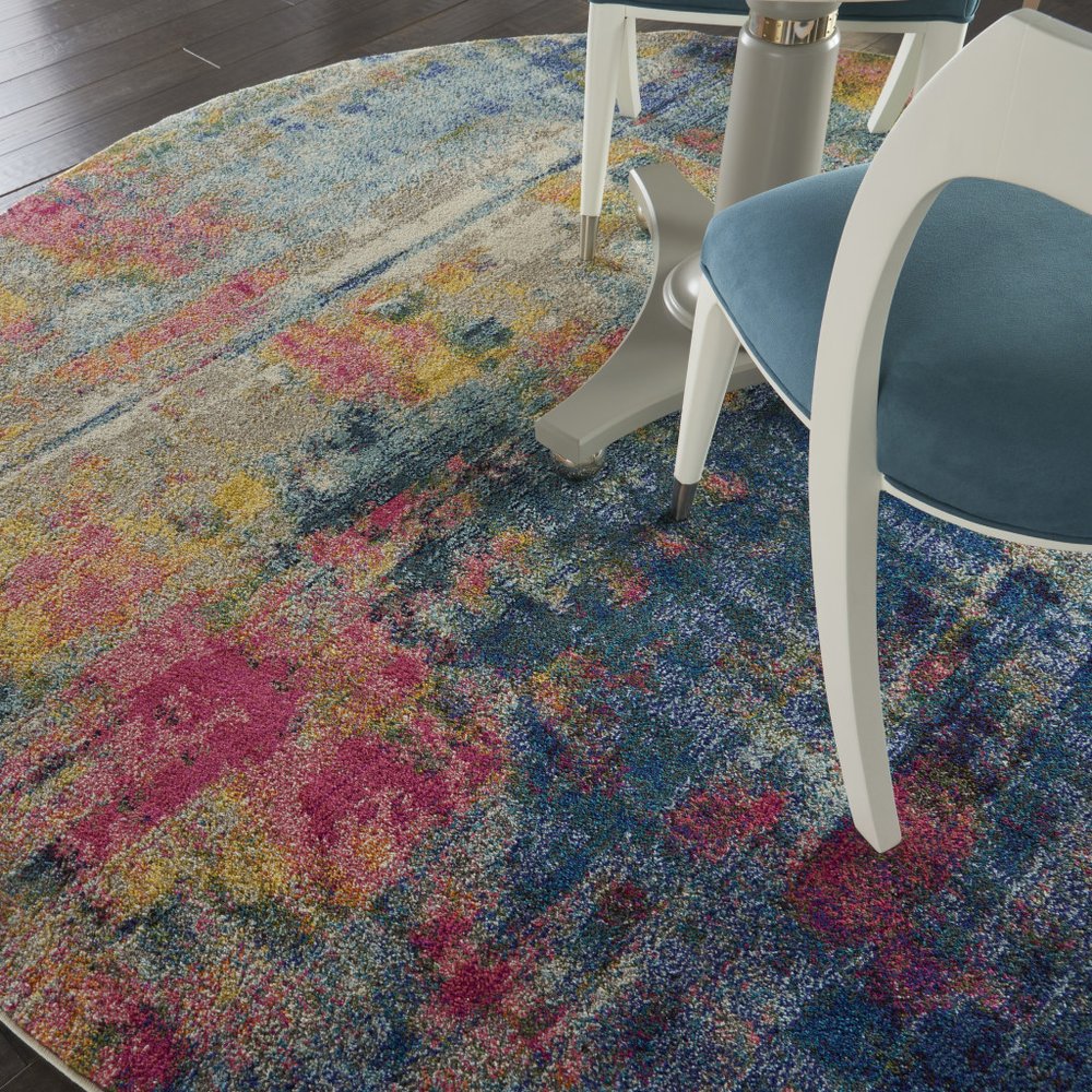 8' X 8' Blue And Yellow Round Abstract Power Loom Non Skid Area Rug