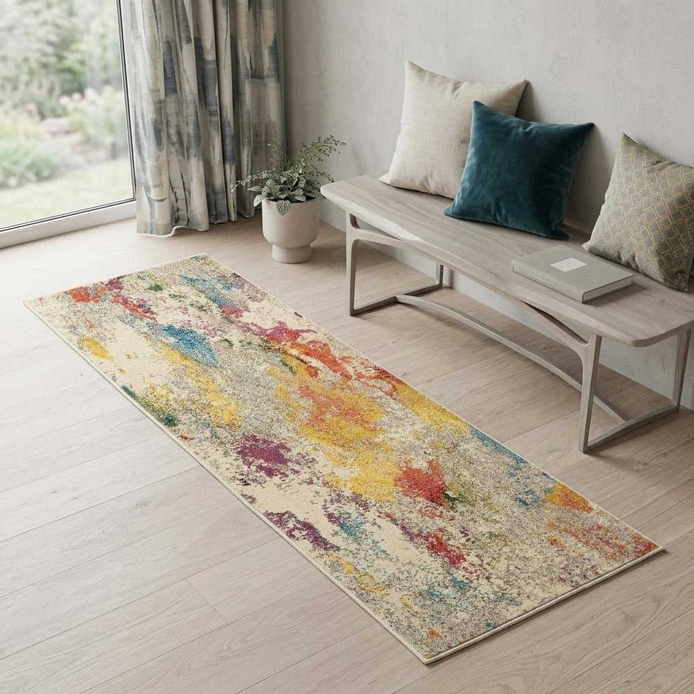 2' X 6' Ivory Abstract Power Loom Non Skid Area Rug
