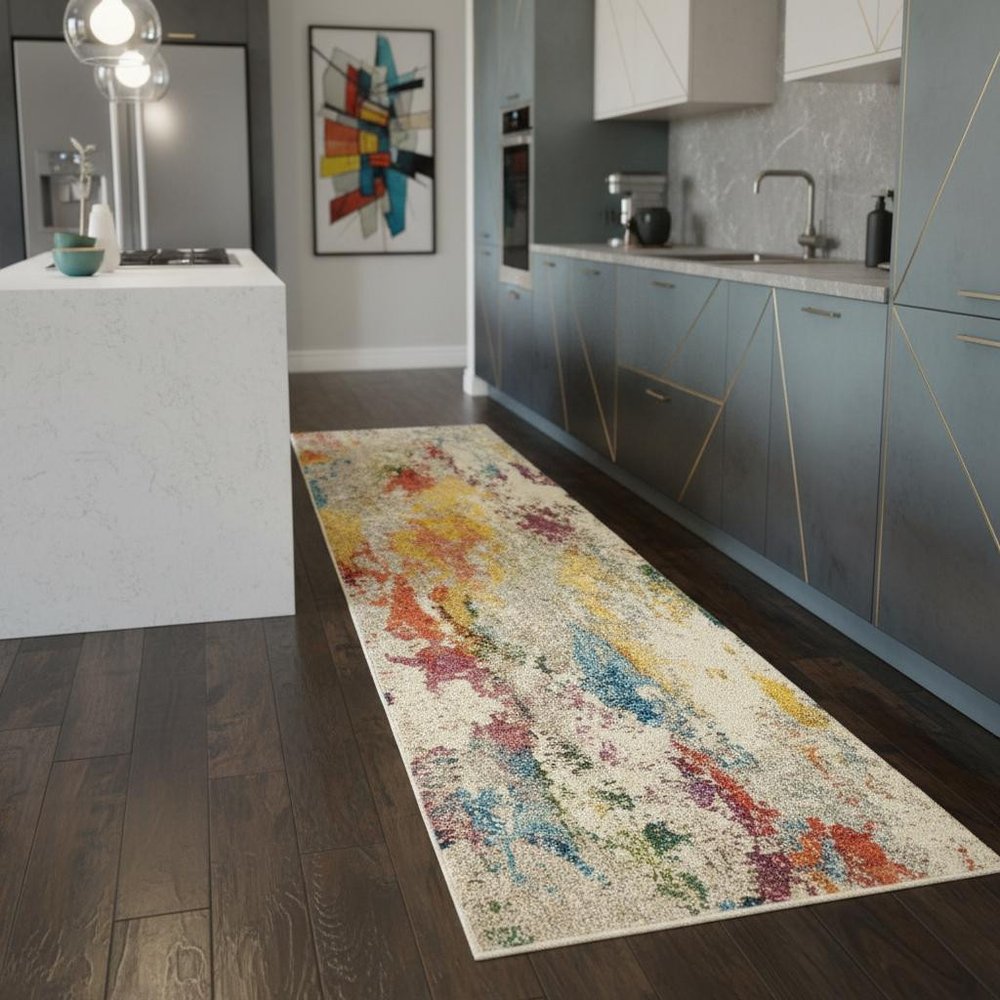 2' X 8' Ivory Abstract Power Loom Non Skid Runner Rug