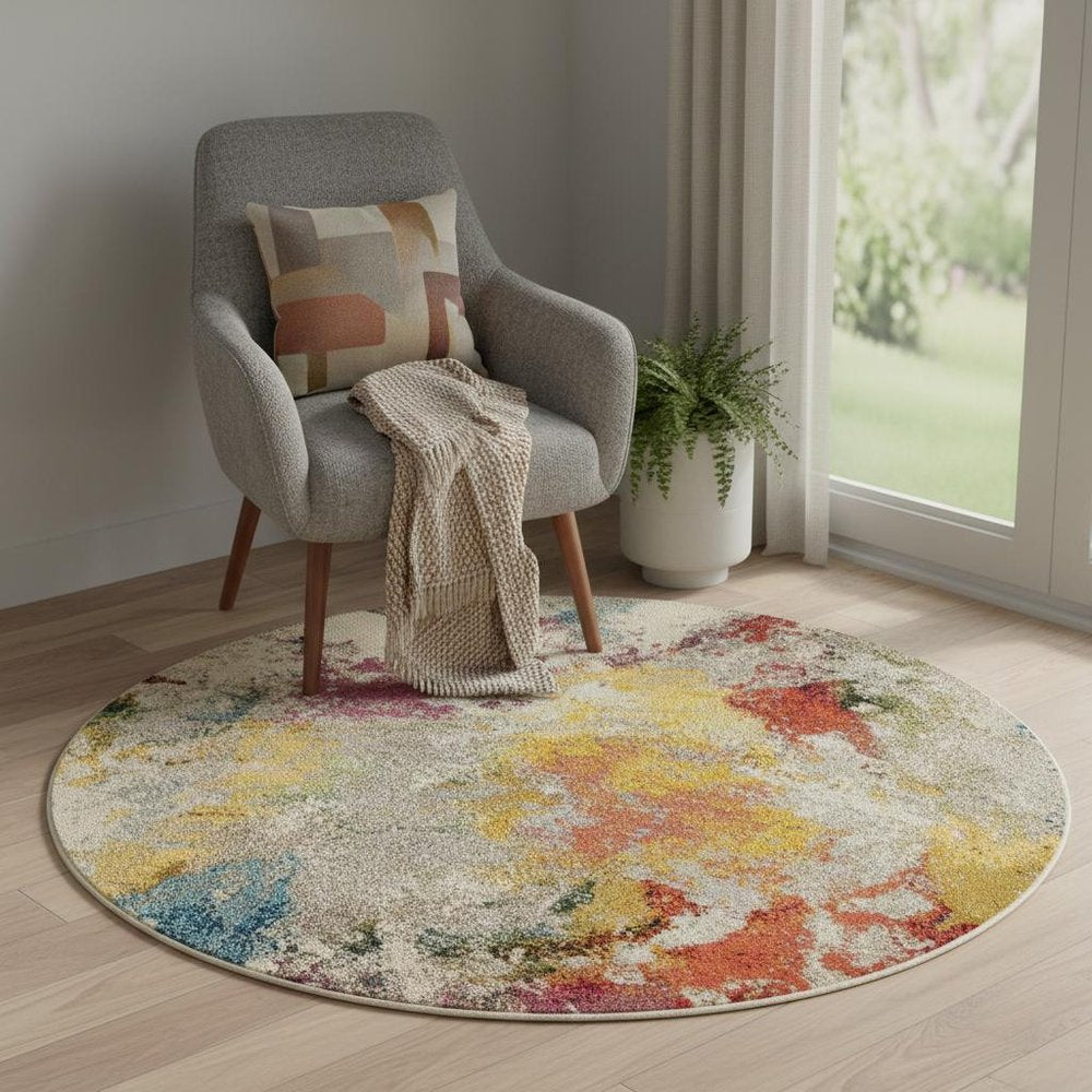 4' Ivory Abstract Round Rug