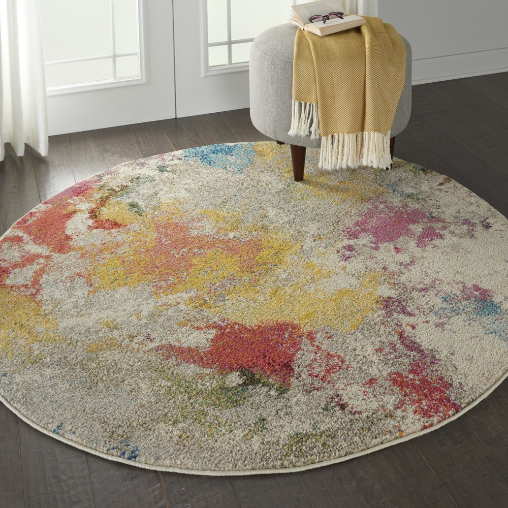 4' Ivory Abstract Round Rug
