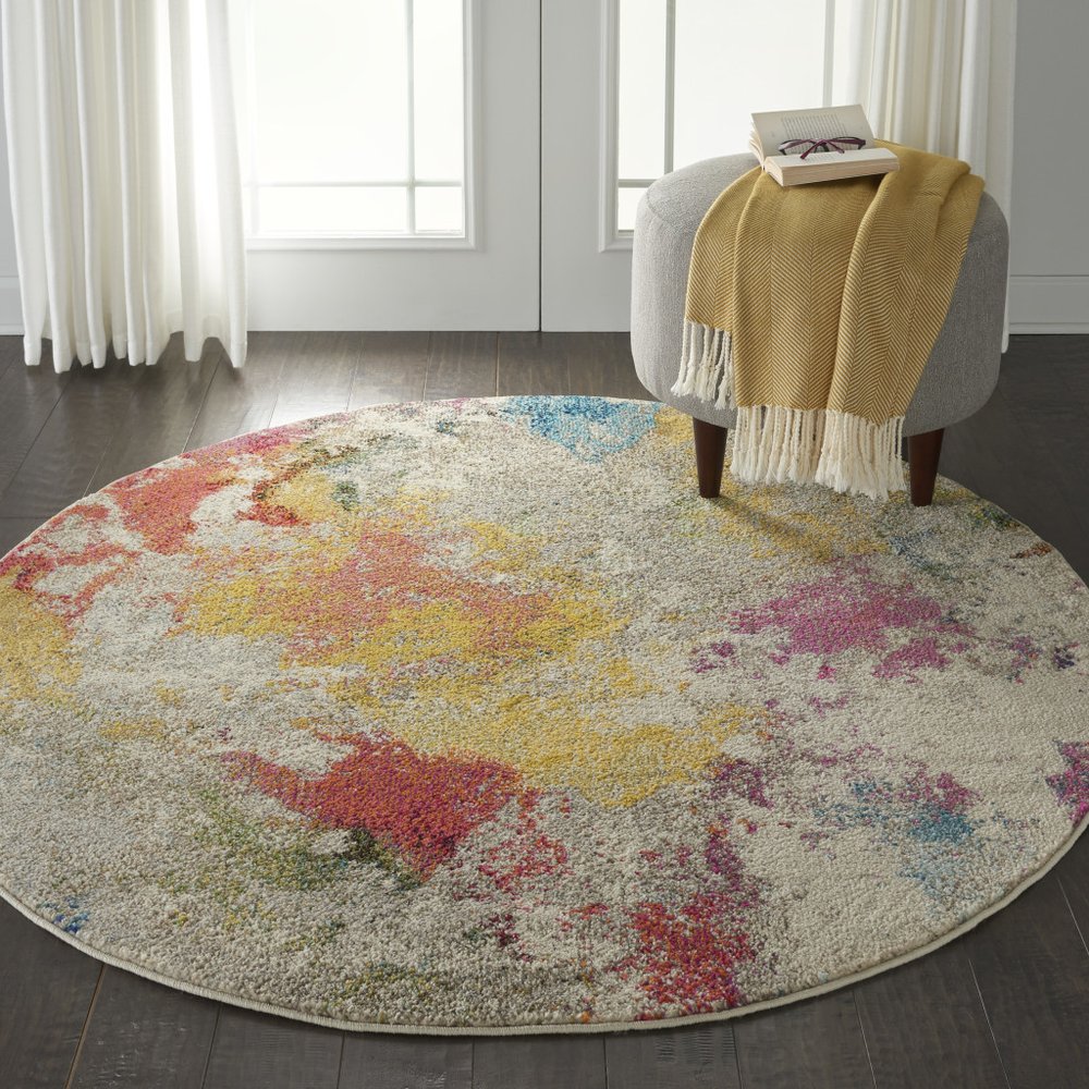 5' X 5' Ivory Round Abstract Power Loom Non Skid Area Rug