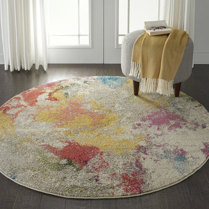 5' X 5' Ivory Round Abstract Power Loom Non Skid Area Rug