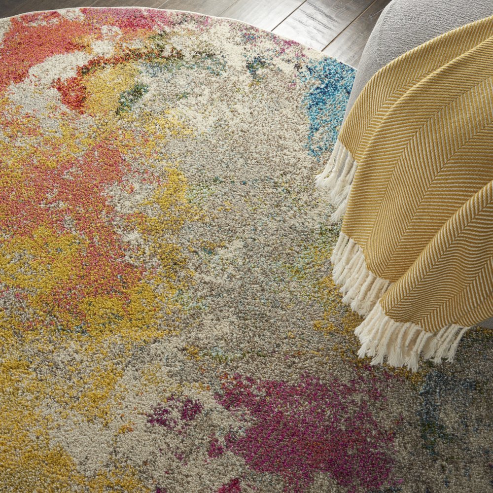 5' X 5' Ivory Round Abstract Power Loom Non Skid Area Rug