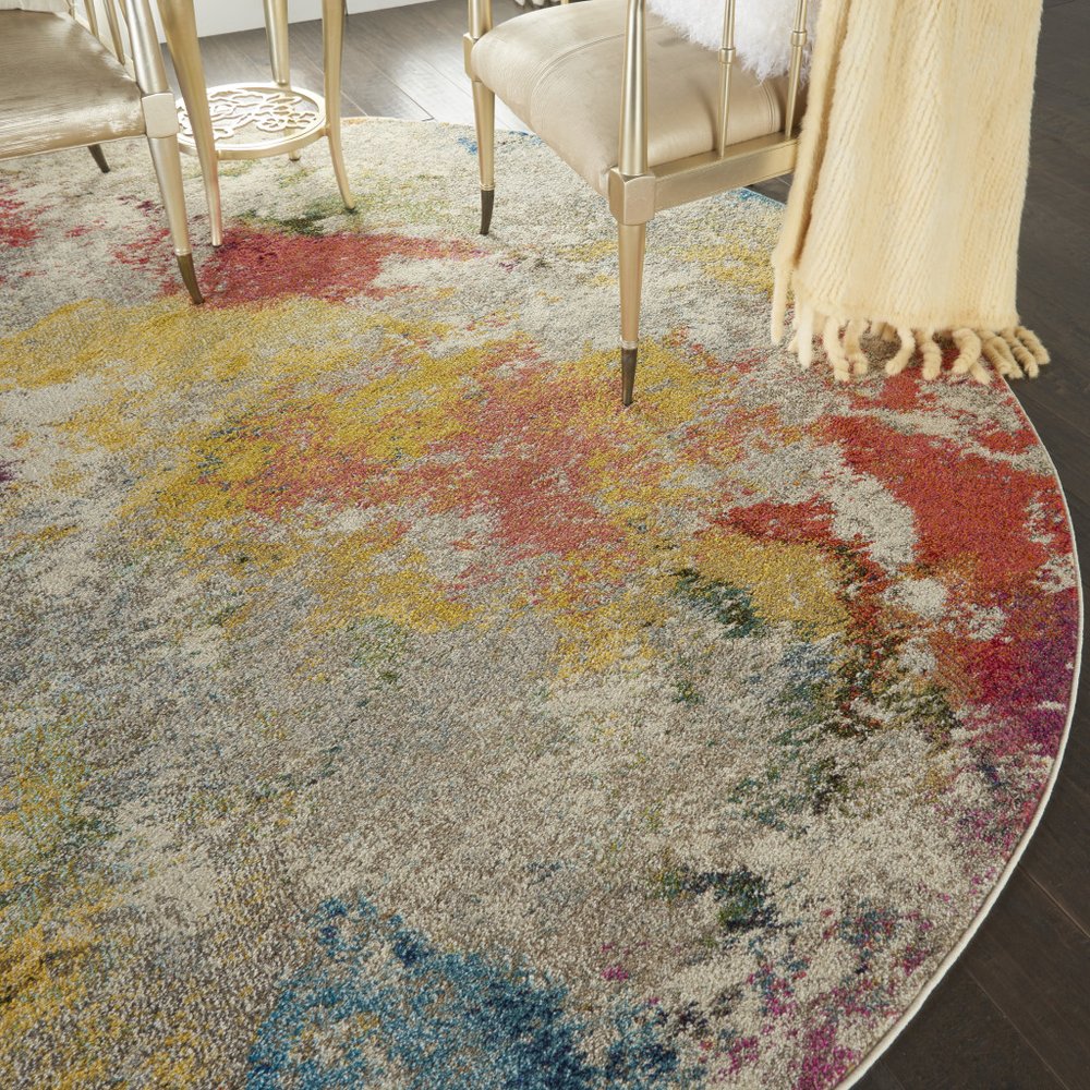 8' X 8' Ivory Round Abstract Power Loom Non Skid Area Rug