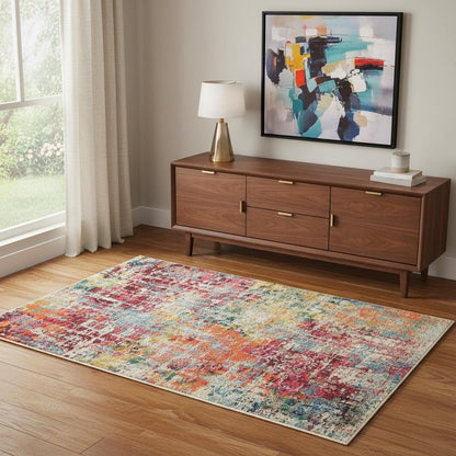 4' X 6' Pink Abstract Power Loom Distressed Non Skid Area Rug