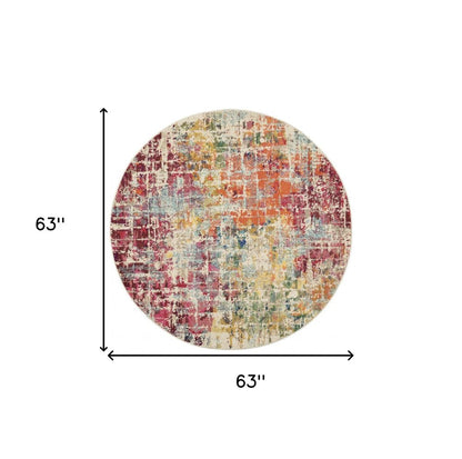 5' X 5' Pink Round Abstract Power Loom Distressed Non Skid Area Rug