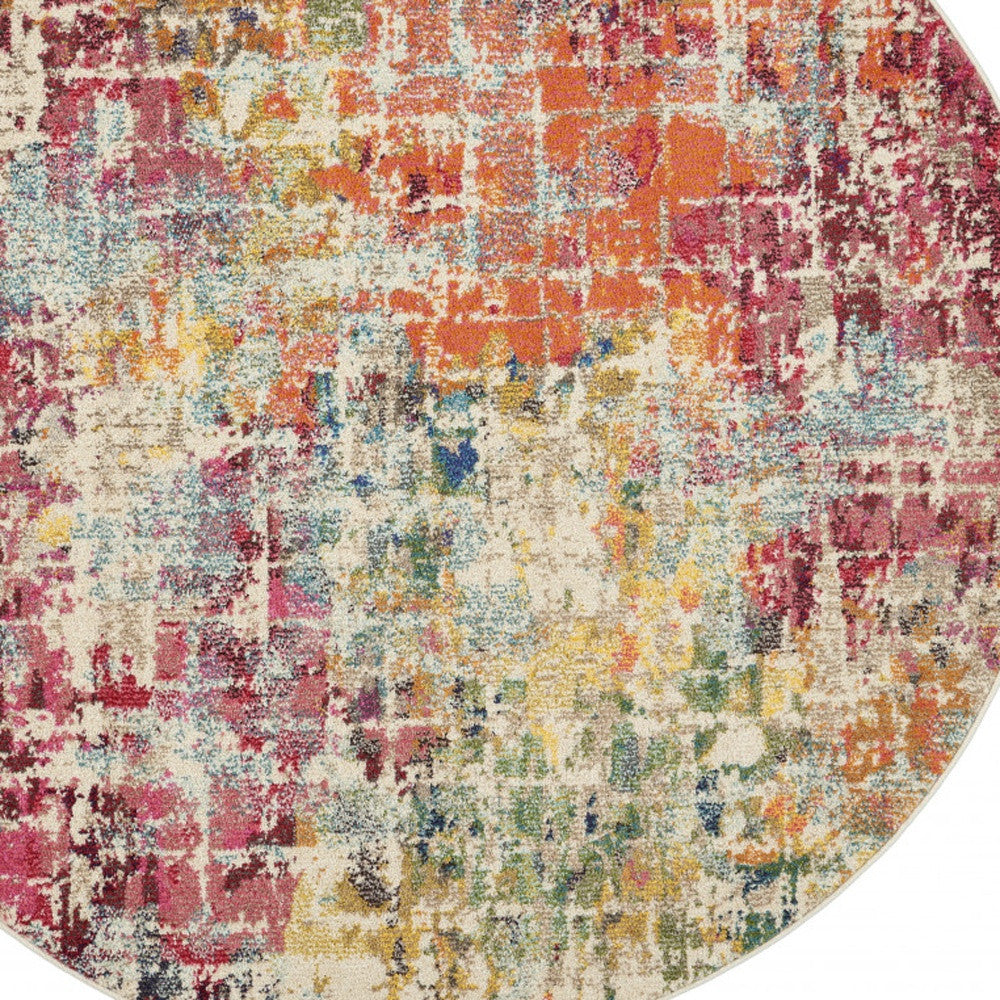 5' X 5' Pink Round Abstract Power Loom Distressed Non Skid Area Rug