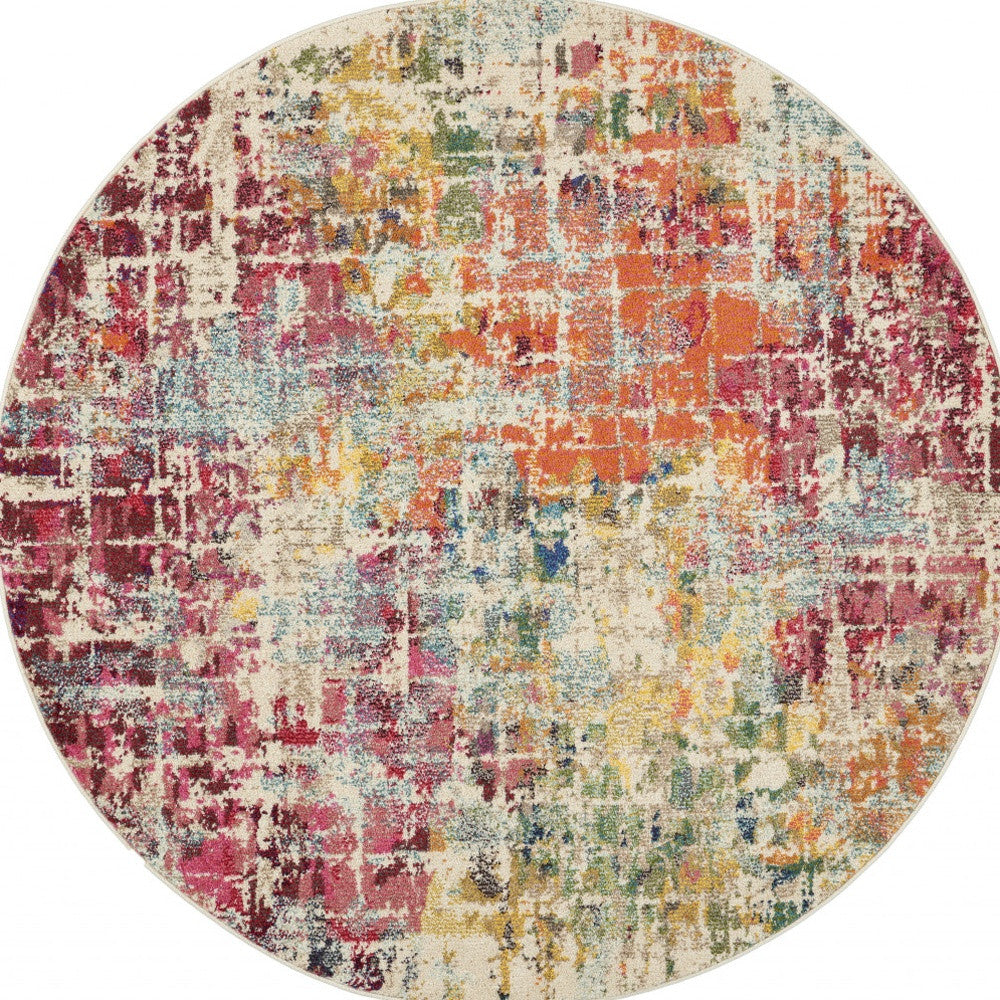 5' X 5' Pink Round Abstract Power Loom Distressed Non Skid Area Rug