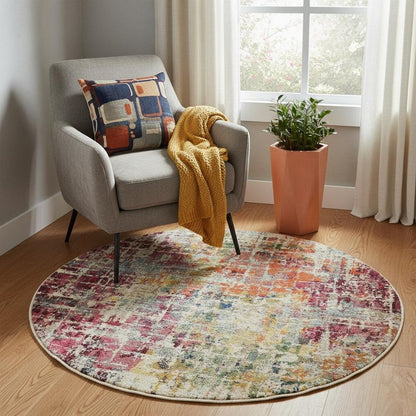 5' X 5' Pink Round Abstract Power Loom Distressed Non Skid Area Rug