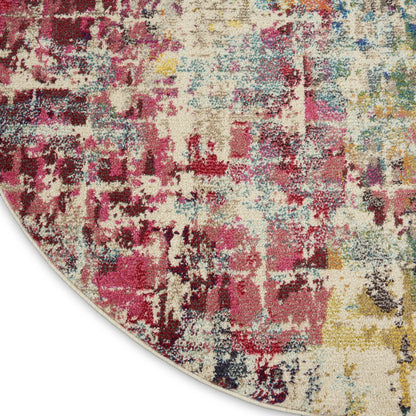 5' X 5' Pink Round Abstract Power Loom Distressed Non Skid Area Rug