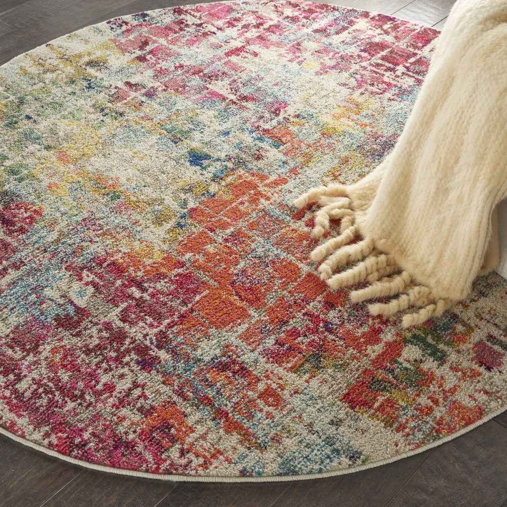 5' X 5' Pink Round Abstract Power Loom Distressed Non Skid Area Rug