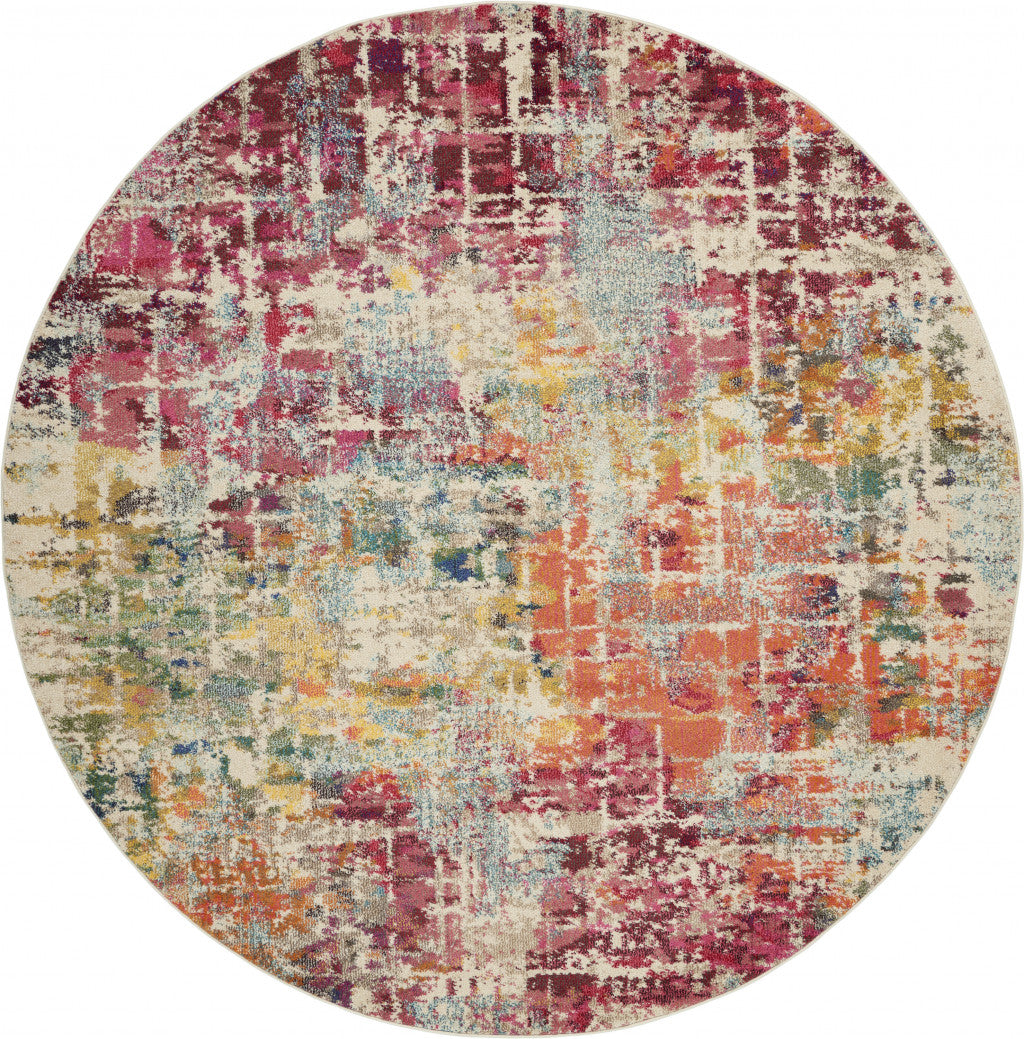 8' X 8' Pink Round Abstract Power Loom Distressed Non Skid Area Rug