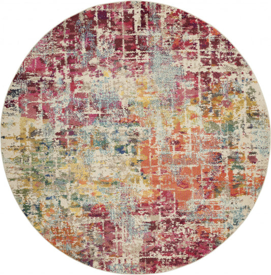 8' X 8' Pink Round Abstract Power Loom Distressed Non Skid Area Rug
