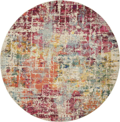 8' X 8' Pink Round Abstract Power Loom Distressed Non Skid Area Rug