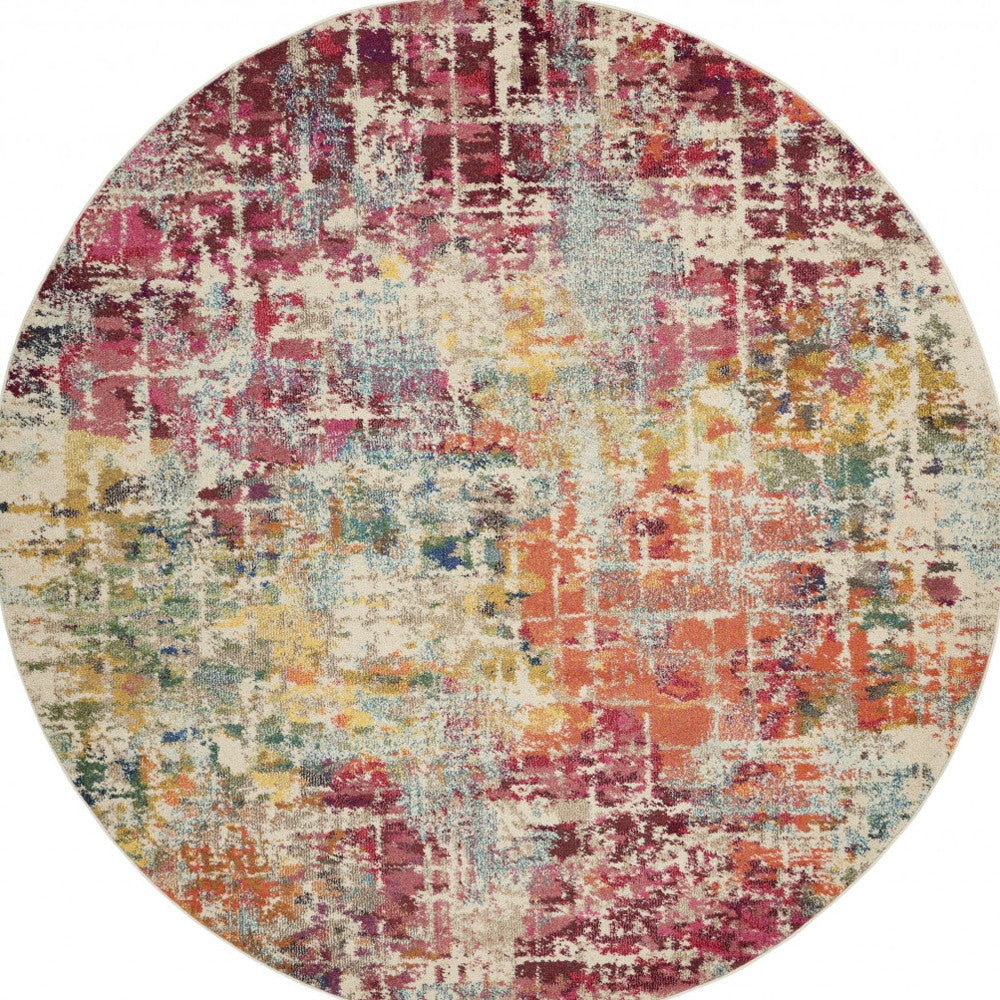 8' X 8' Pink Round Abstract Power Loom Distressed Non Skid Area Rug