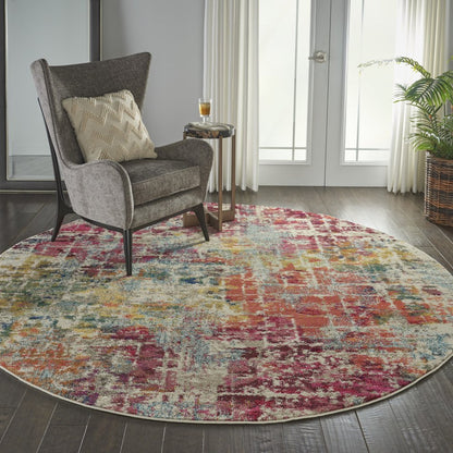 8' X 8' Pink Round Abstract Power Loom Distressed Non Skid Area Rug
