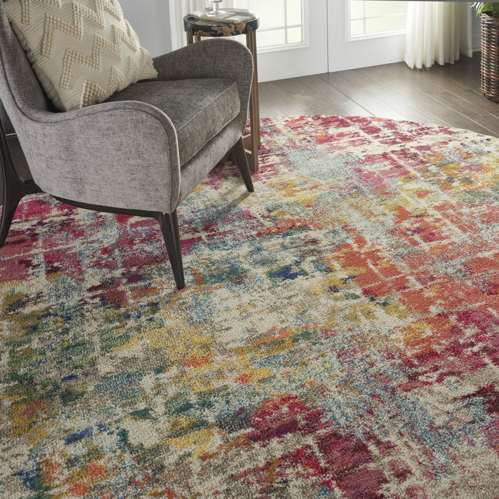 8' X 8' Pink Round Abstract Power Loom Distressed Non Skid Area Rug