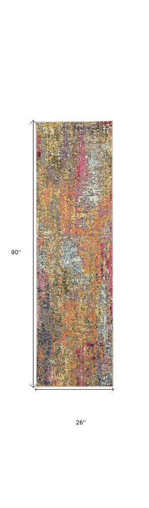 8' Blue Yellow And Orange Abstract Runner Rug