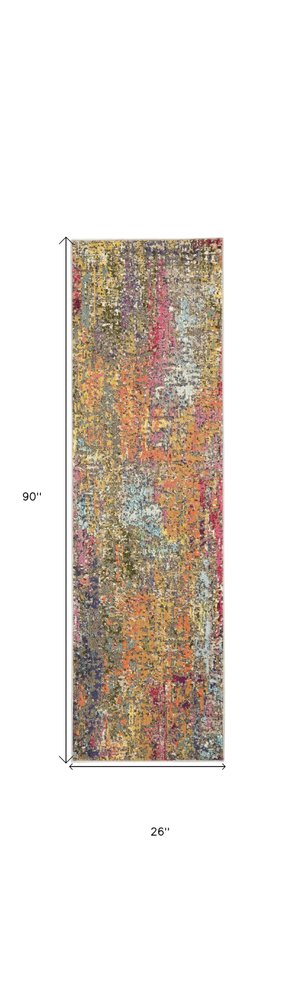 8' Blue Yellow And Orange Abstract Runner Rug