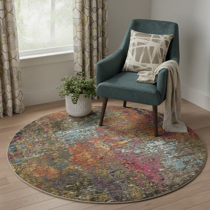 5' X 5' Sunset Round Abstract Power Loom Non Skid Area Rug