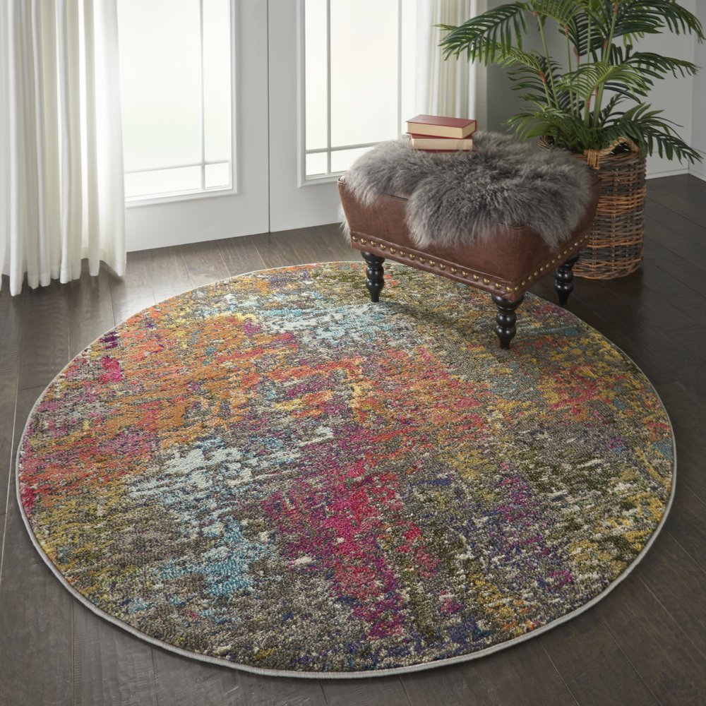 5' X 5' Sunset Round Abstract Power Loom Non Skid Area Rug