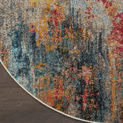 4' Blue And Orange Abstract Round Rug