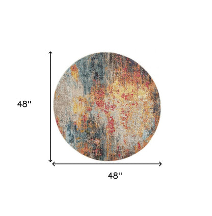 4' Blue And Orange Abstract Round Rug