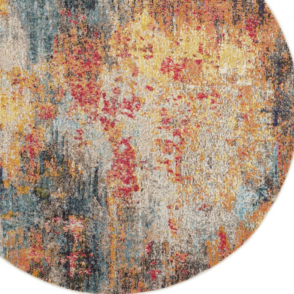 4' Blue And Orange Abstract Round Rug