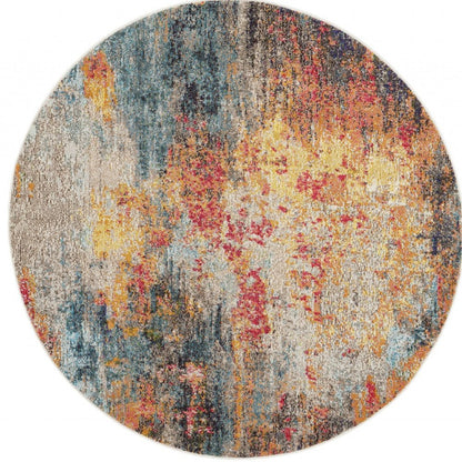4' Blue And Orange Abstract Round Rug