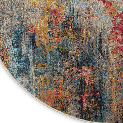 4' Blue And Orange Abstract Round Rug