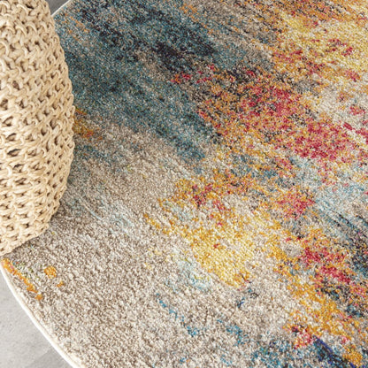 4' Blue And Orange Abstract Round Rug